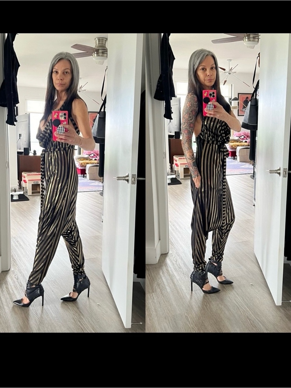 ❤️‍🔥Dressed by Dutchess Black & Metallic Gold Striped Jumpsuit Size Small